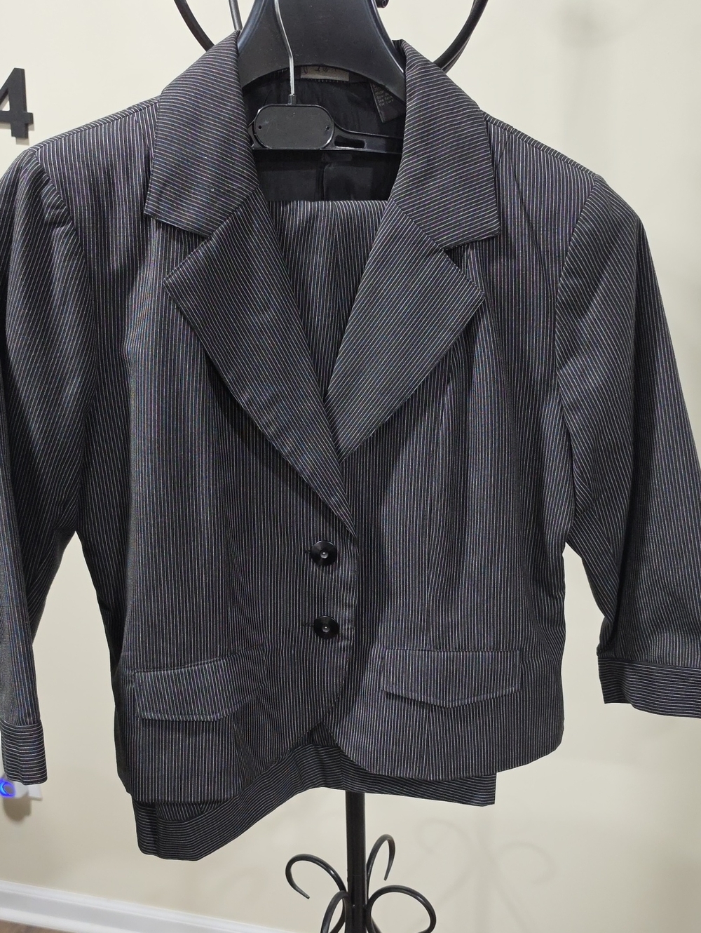 Women's Pinstripe Blazer Jacket Quarter Length- Black And matchinh Pants.